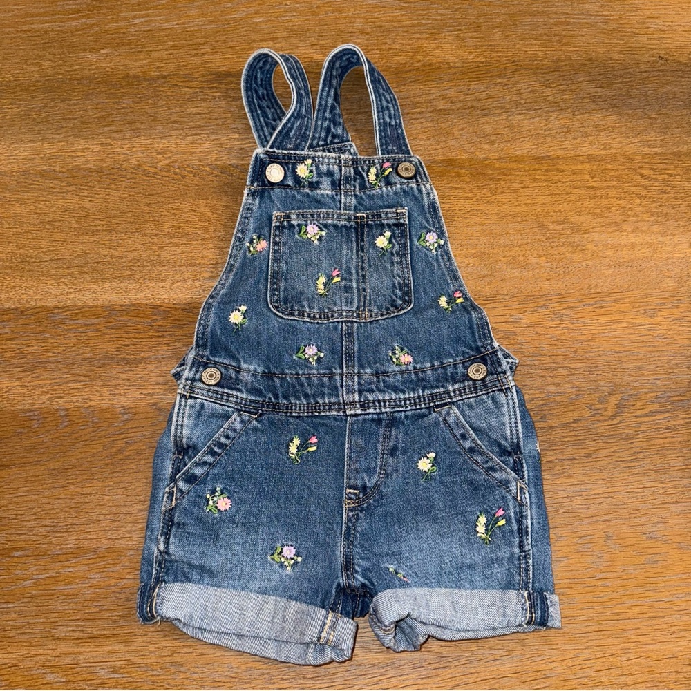 GAP Kids Denim Overalls with Floral Embroidery.